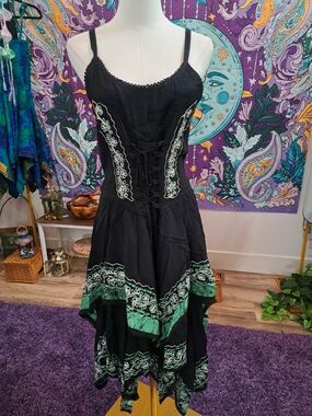 Thornlace Fae Corset Dress | Black Emerald Batik Print Handkerchief Fairy Dress